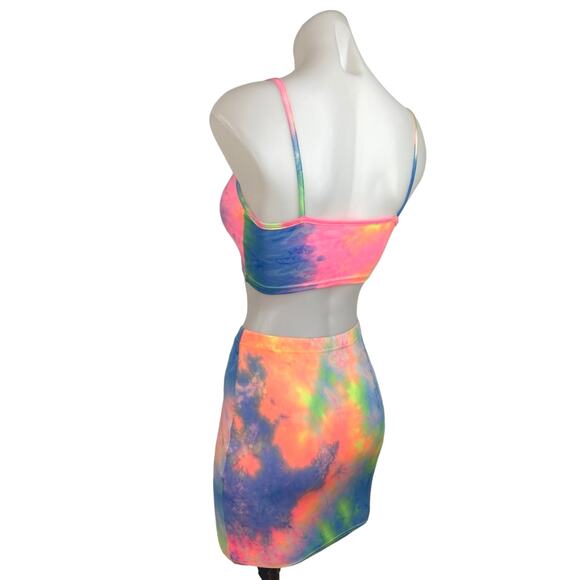 2 Pc Outfit Rainbow Tie-Dye Bodycon Sleeveless Cami Crop Top Mini Skirt Set S - Picture 2 of 4